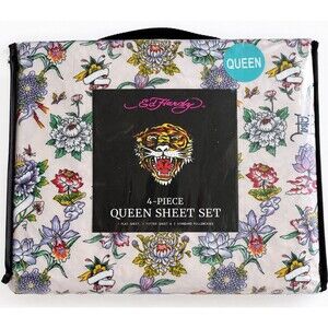 Ed Hardy Queen Sheet Set 4 Piece Floral Tattoo Tiger Bedding NEW